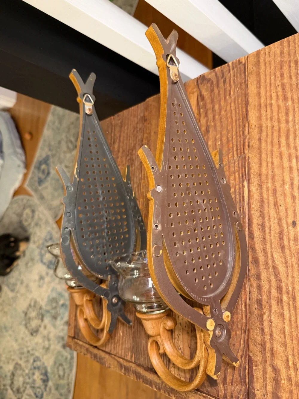 Pair of Vintage BOHO Farmhouse Candle Wall Sconces with Etched Glass Shades
